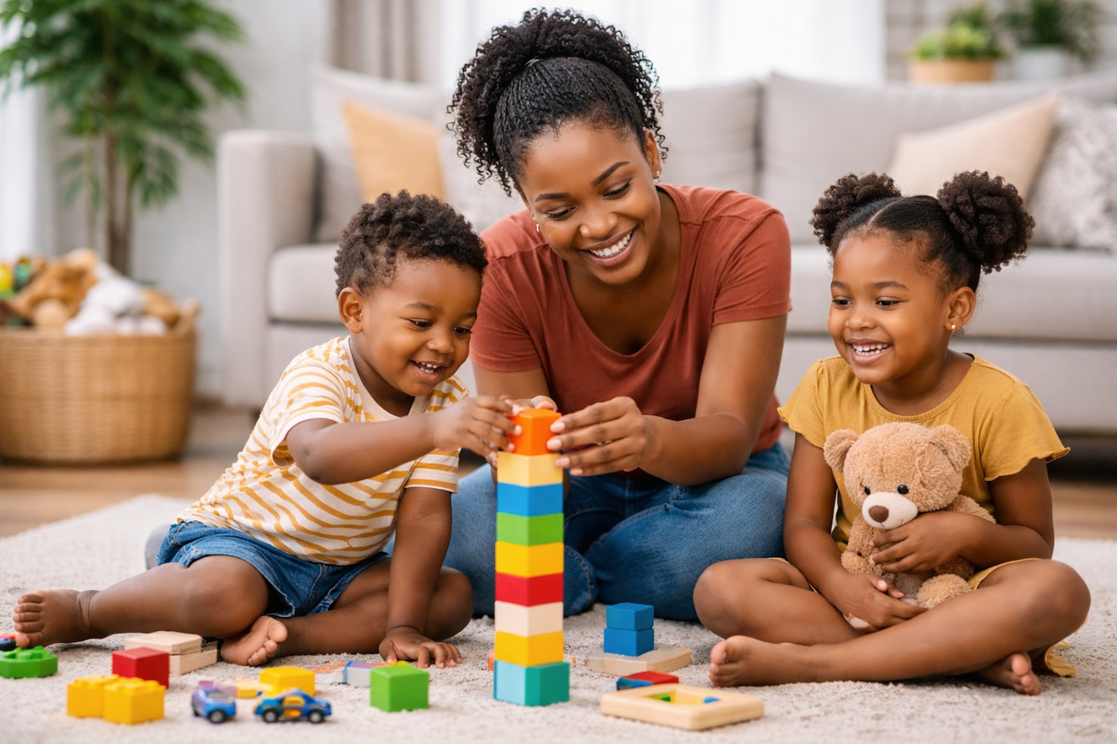 Childcare professional playing with children during home support services in Lusaka